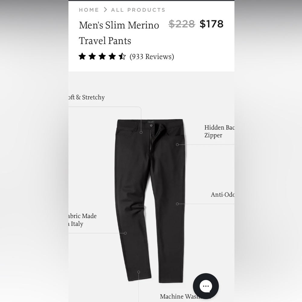 Unbound Merino “Men’s Slim Merino Travel Pant” size 30/30. Black.